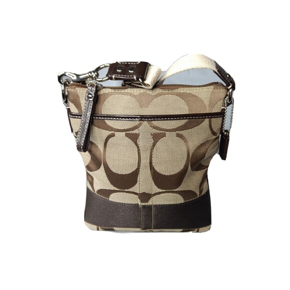 Coach Signature Swingpack Crossbody Khaki Brown Stripe Handbag Purse - Picture 4 of 8